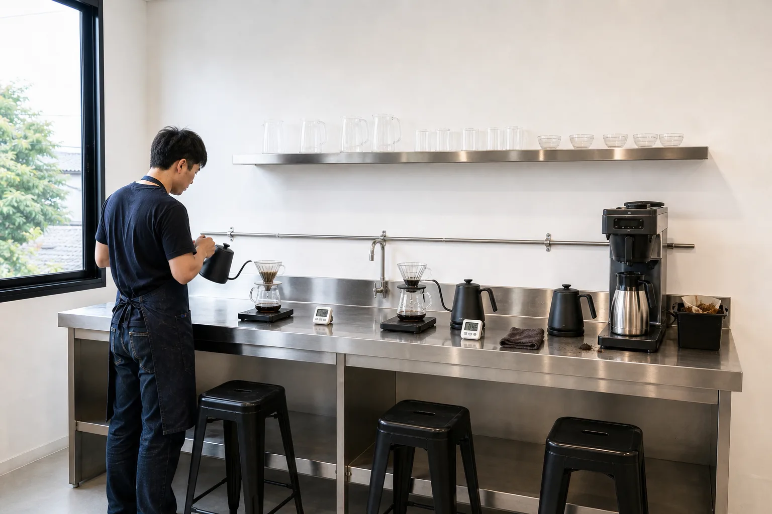 The brew bar: three stations side by side — a V60, a flat-bottom dripper and a six-cup batch brewer — each with a scale, a timer and a gooseneck kettle.