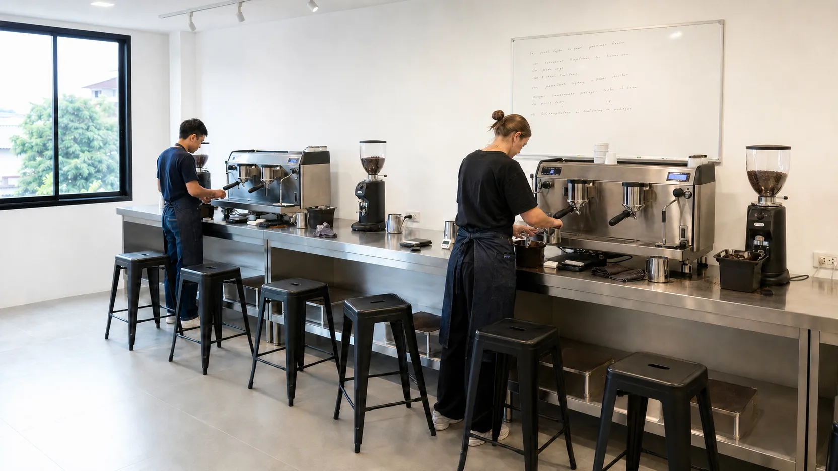 The espresso training room: two two-group machines on a stainless bench with three grinders between them, six stools, and a whiteboard on the back wall.