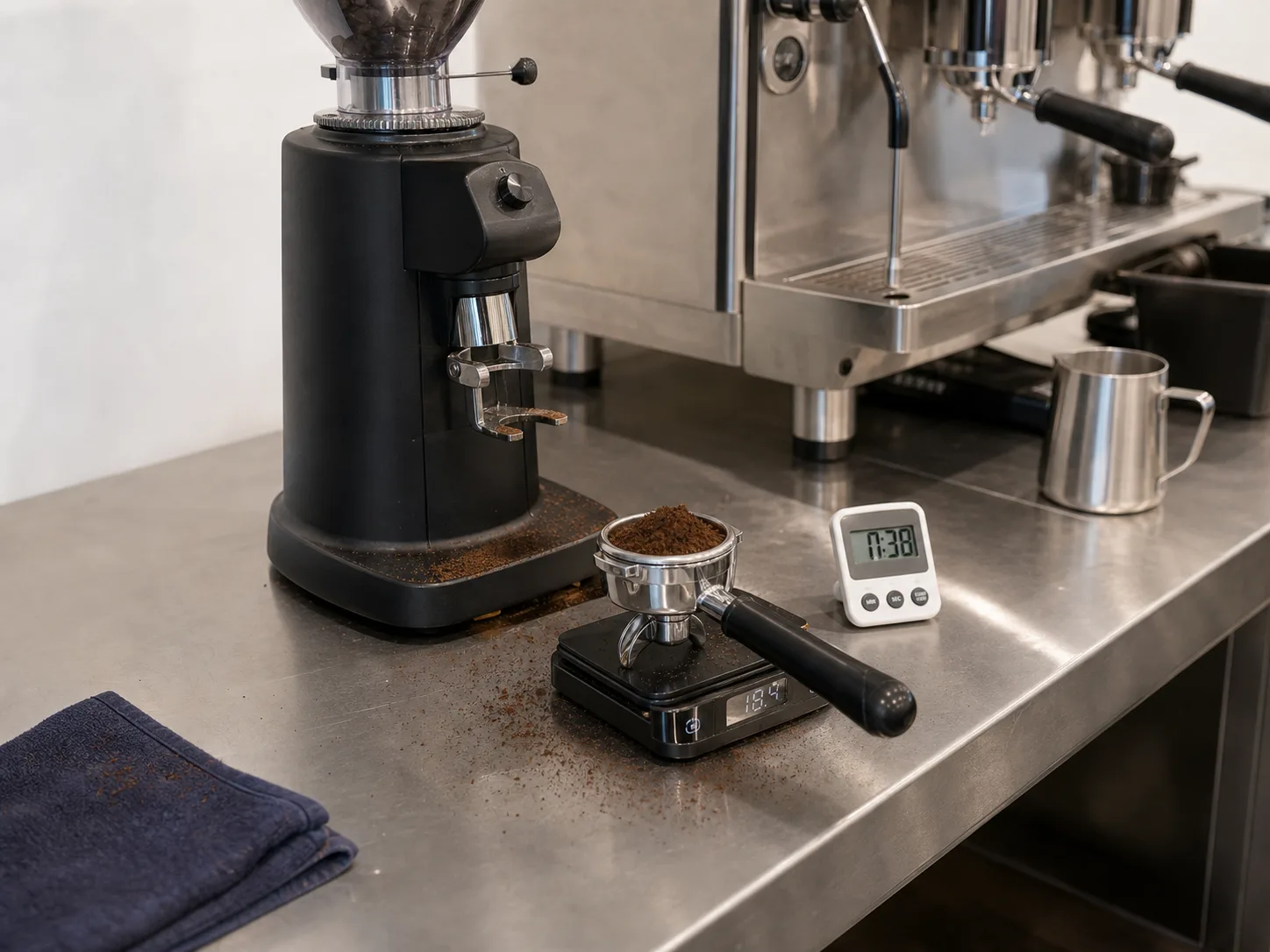 A grinder’s dosing ledge with loose grounds on it, a 0.1 g scale showing a dose, a timer, and a used cloth folded on the bench.