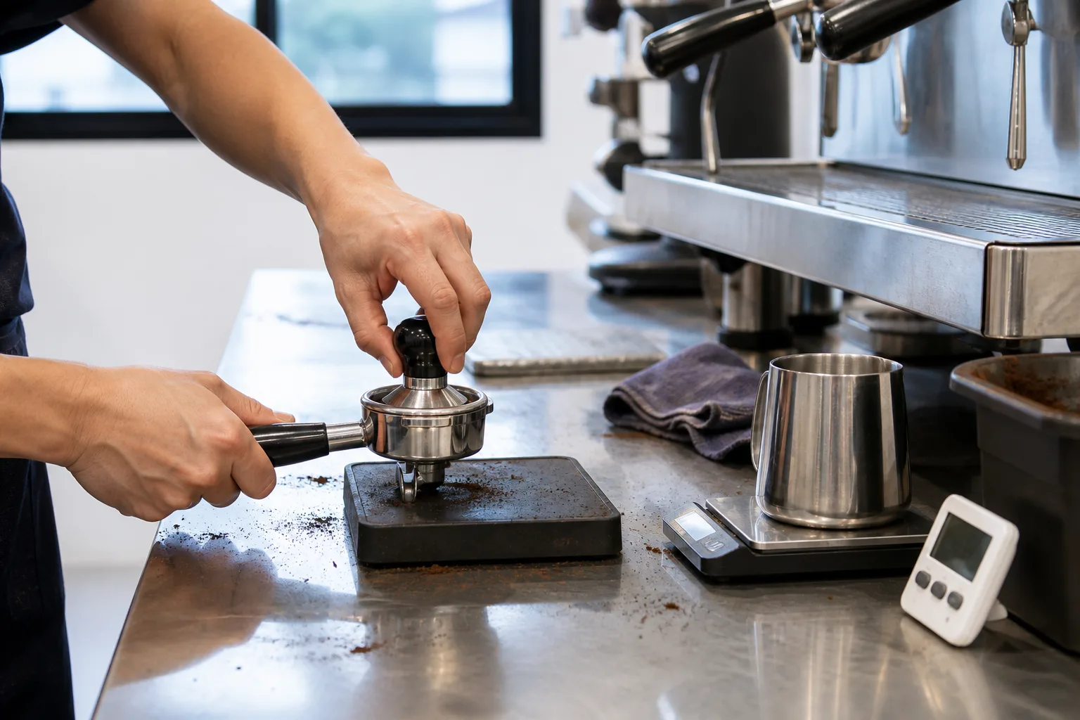 A student’s hands levelling and tamping ground coffee in a 58 mm portafilter on the bench beside a two-group espresso machine, with a scale, a timer and spilled grounds around them.
