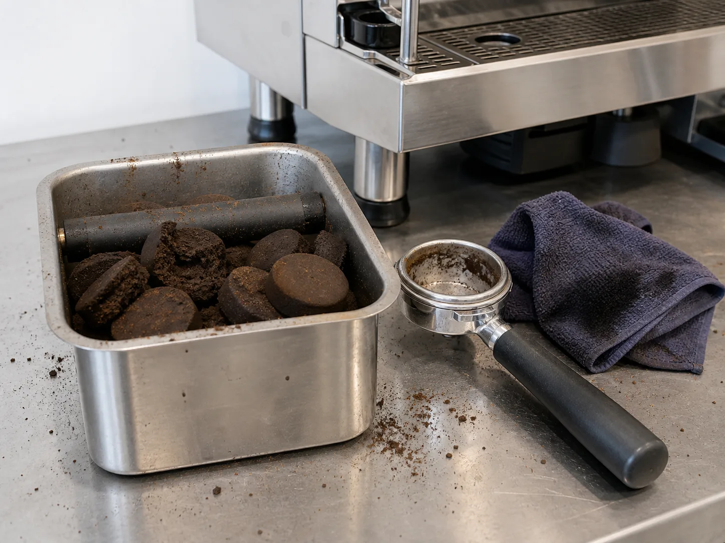 A knock box on the bench half full of spent pucks, with a bottomless portafilter resting beside it and a used cloth folded next to that.