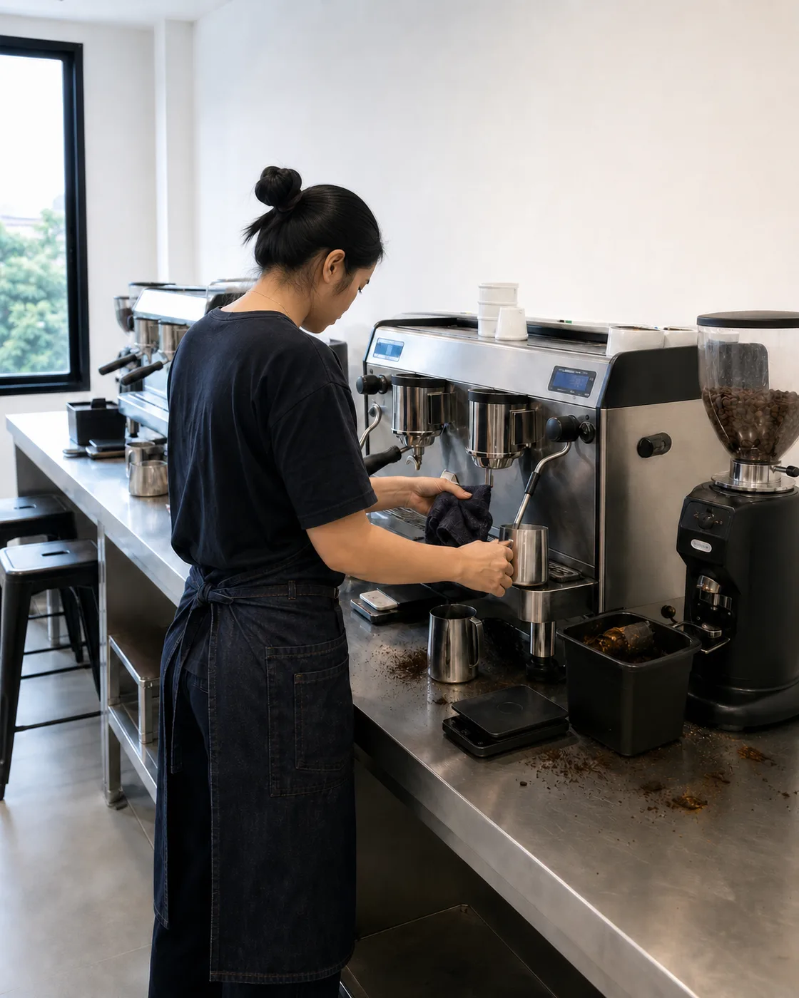 A trainer seen from behind at a two-group espresso machine, purging the steam wand into a cloth with a milk jug in her other hand.