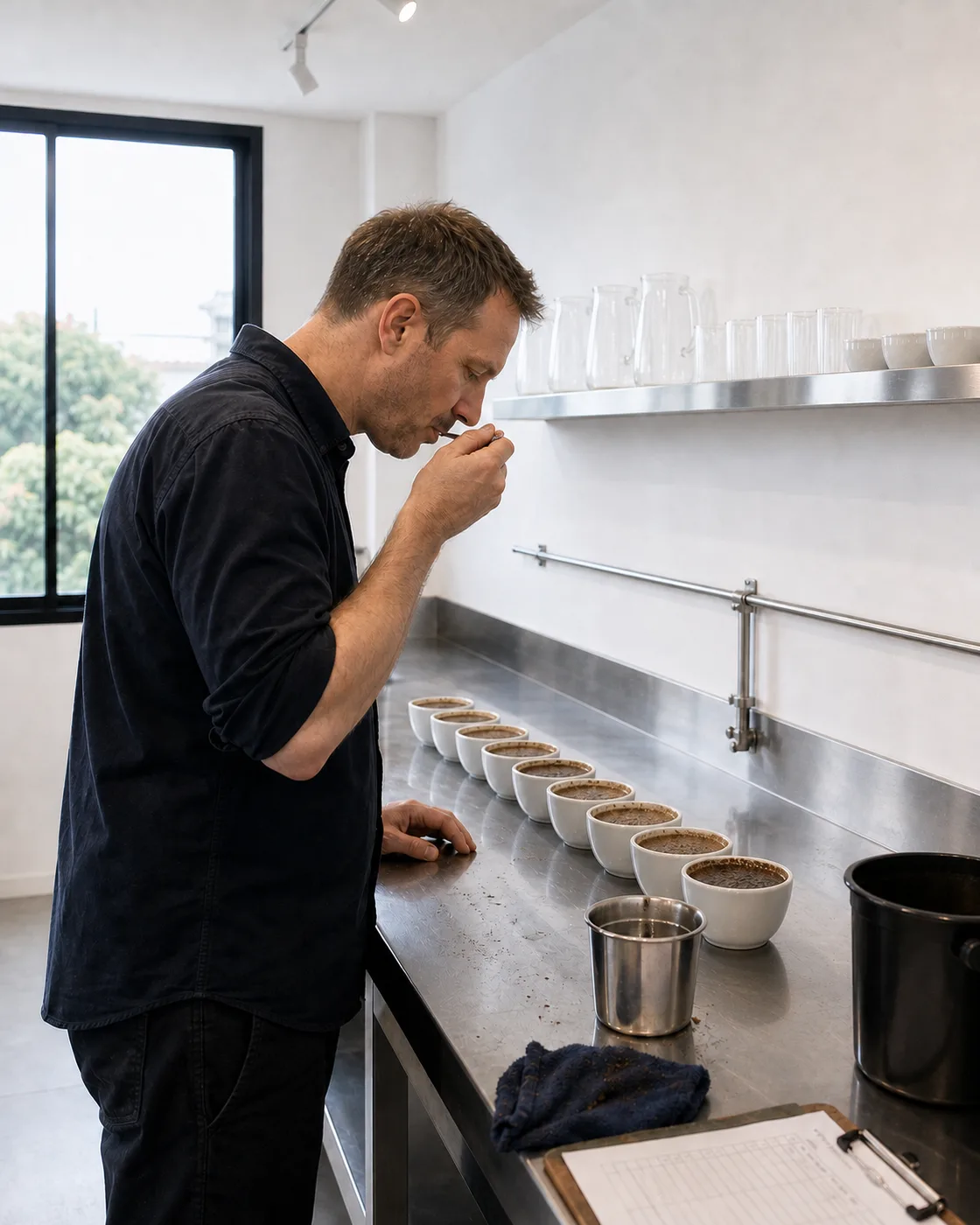 A trainer in profile at a cupping table, spoon raised, with a row of cupping bowls and a scoresheet in front of him.